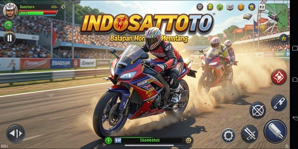 Tampilan gameplay INDOSATTOTO dengan balapan motor yang mendebarkan.