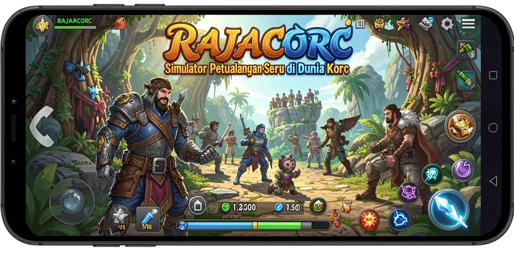 Screenshot gameplay RAJACORC menunjukkan dunia Korc yang indah.