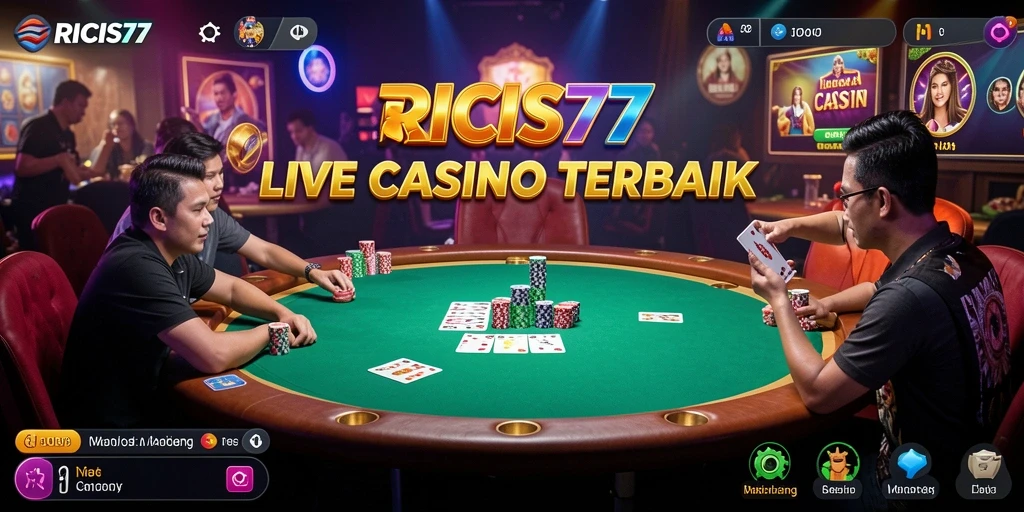 Screenshot gameplay RICIS77 menampilkan dealer profesional dan suasana kasino yang hidup.