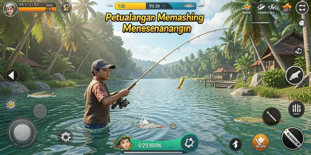 Gameplay V21 yang menampilkan sesi memancing yang seru dan menantang.